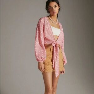 Anthropologie Tie Front Cropped Kimono Pink and White Polka Dot One size